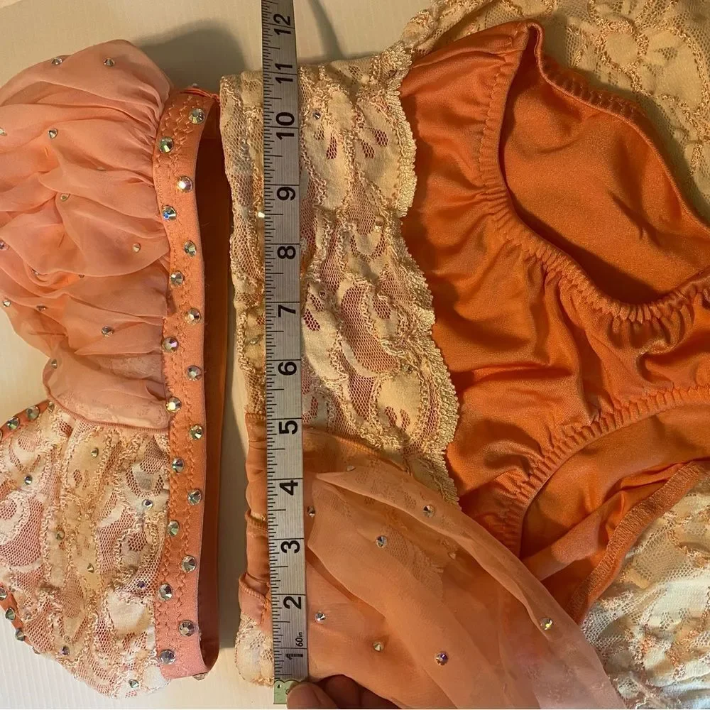 Custom made dance costume blush peach lace rhinestone 2 piece child IC/MC medium